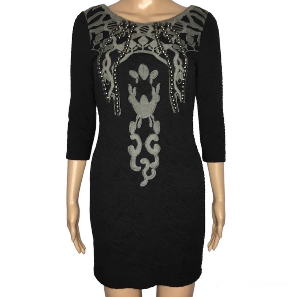 Free People Black & Grey Crew Neck 3/4 Sleeve Low Back Fitted Bodycon Dress